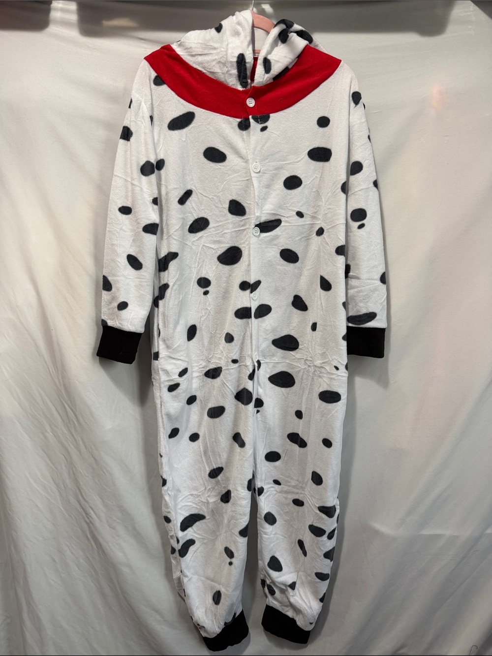 Kids Dalmatian Hooded Pajama Onesie - White with Black Spots and Red Hood Trim